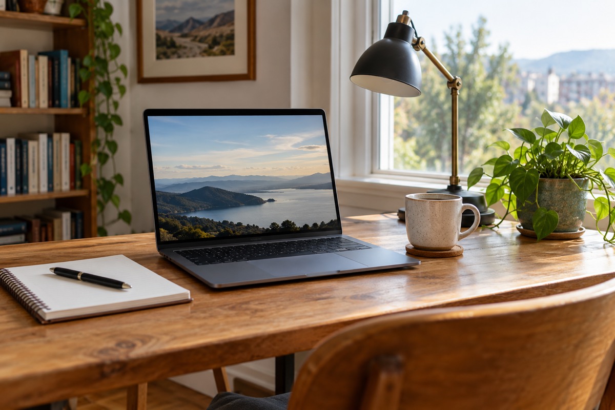 A laptop and notebook sit on a desk beside a coffee cup, lamp, and small plant.