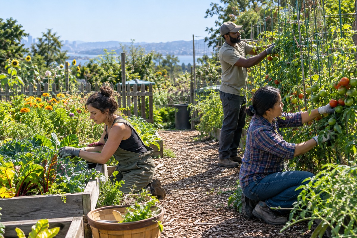 Three people tend raised beds and tomato plants in a community garden.